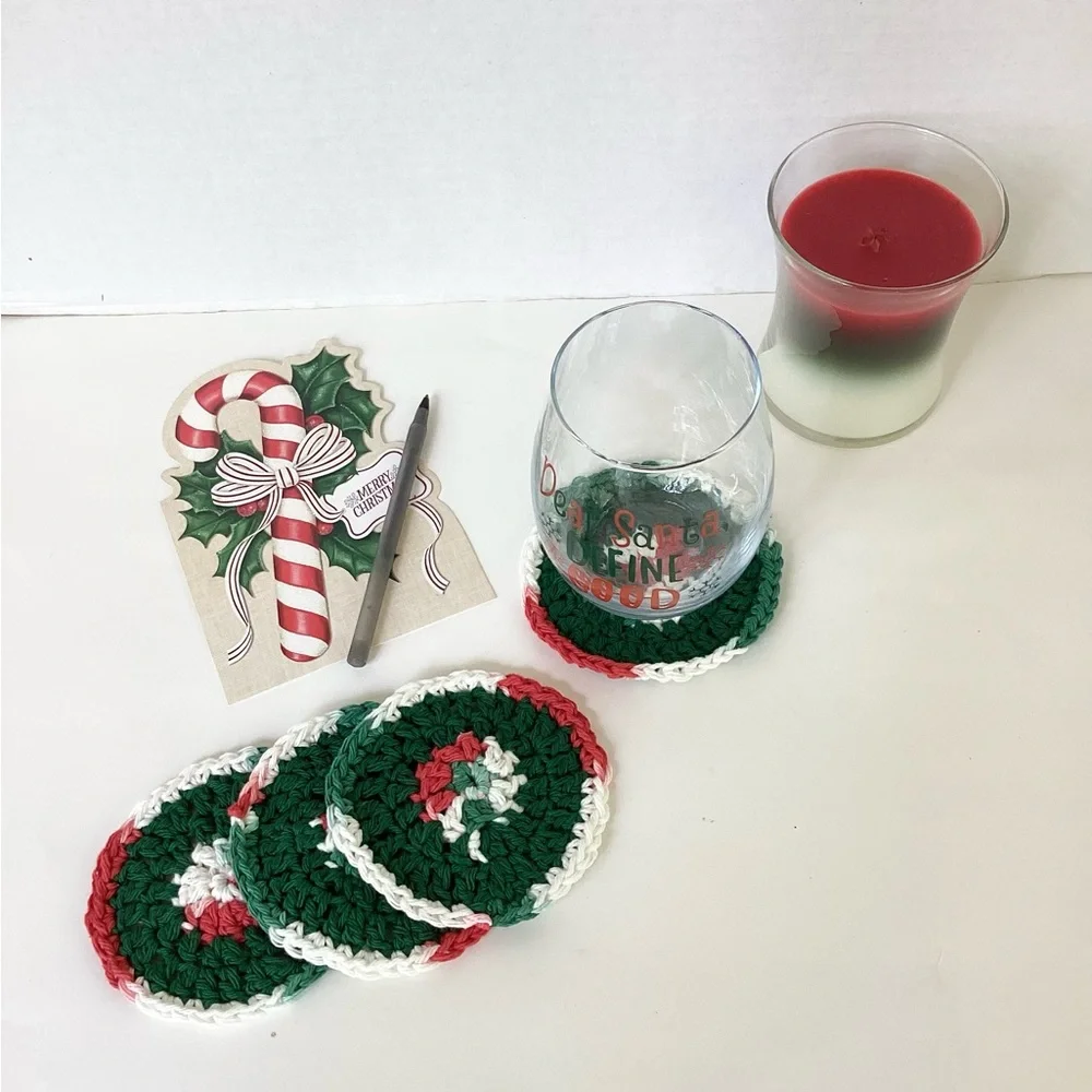 Coaster Set Hand Crafted Red White Green Christmas Holidays Crochet